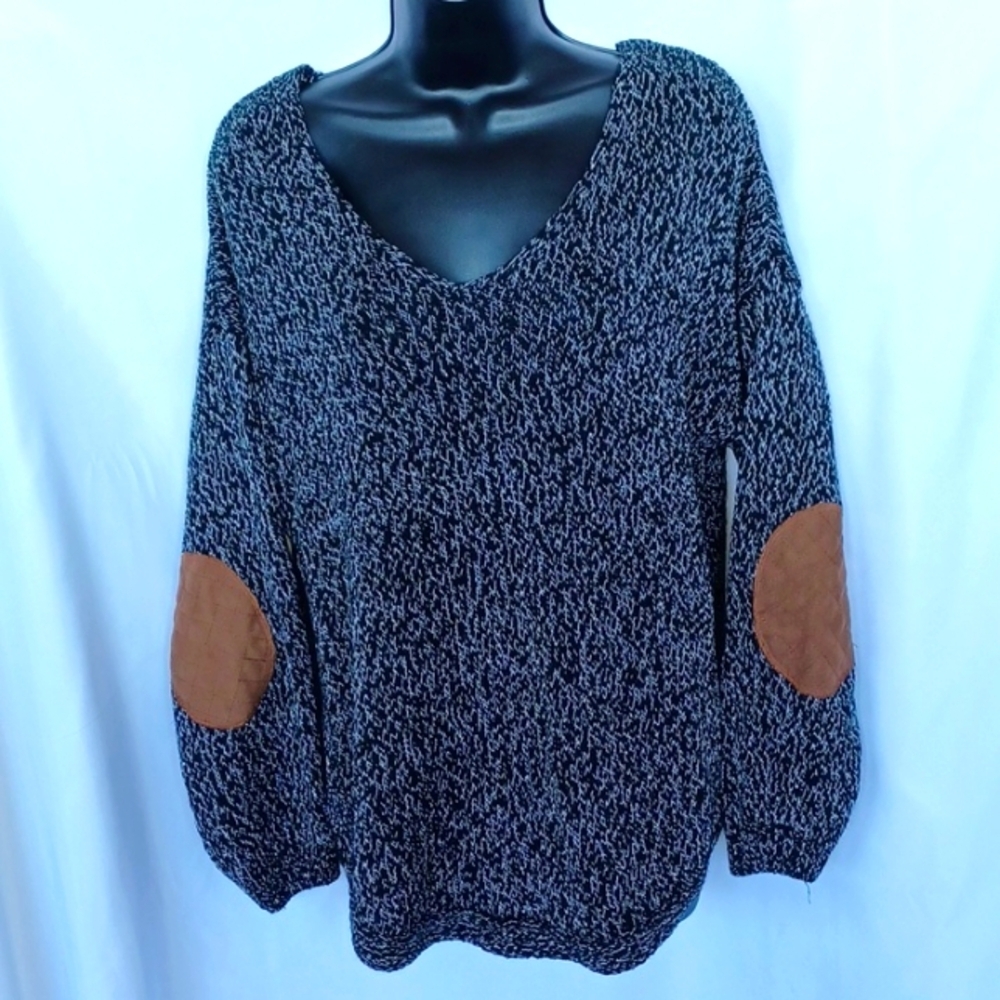 Cupcake Women's V Neck Sweater Patch Sleeve Acrylic Pullover Black/white, L